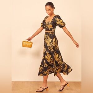 Reformation Black and Gold Yucca Linen Floral Top and Skirt Set Size 2